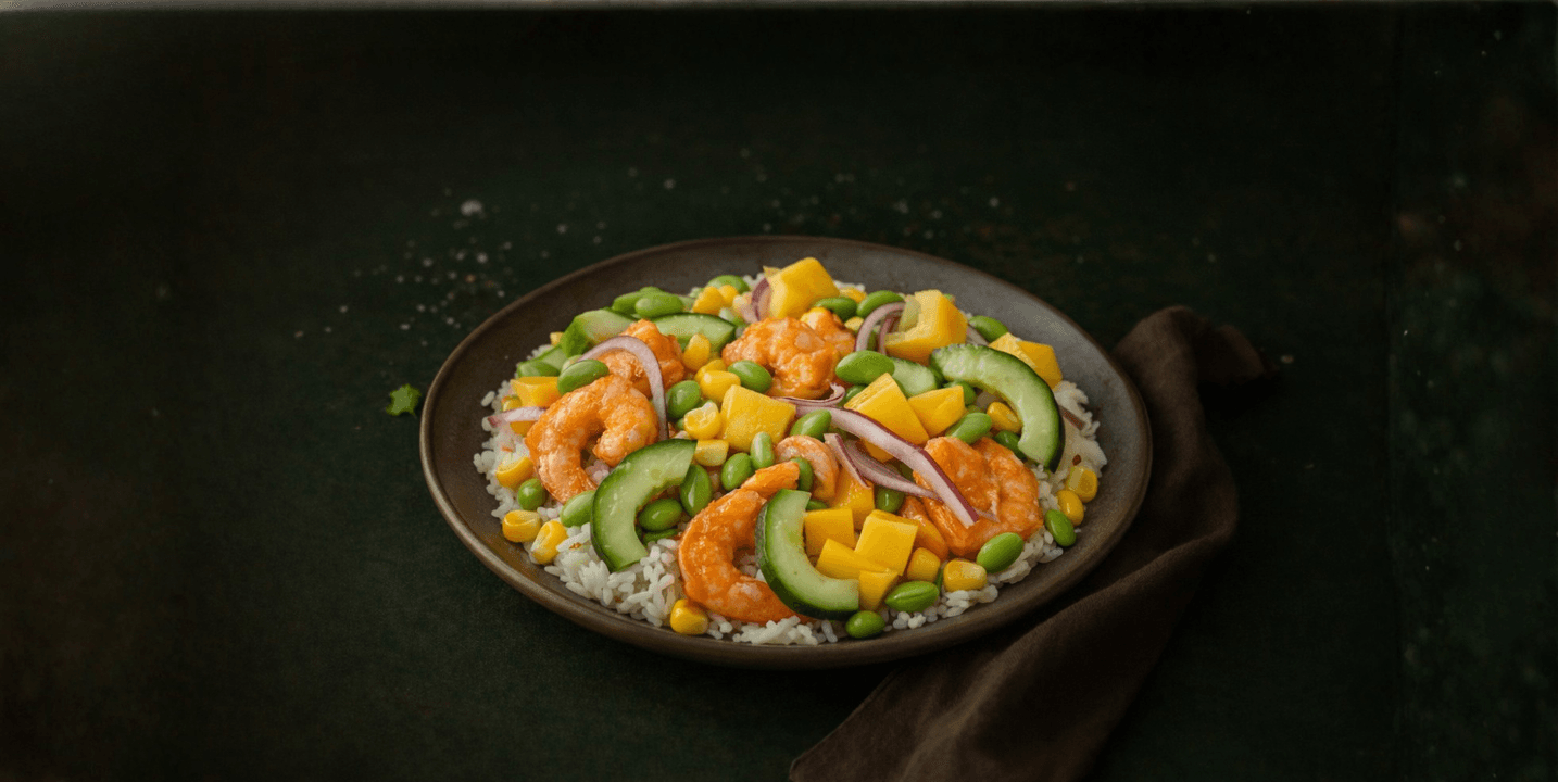 Poké bowl met gemarineerde gamba’s en knapperige groenten