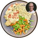 Scholrolletjes in honing-mosterdsaus met groenten en kruidenpuree