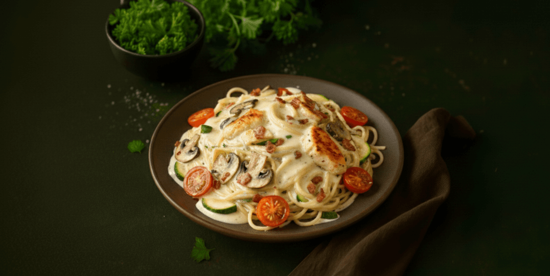 Groentespaghetti carbonara met kip, groenten en spek