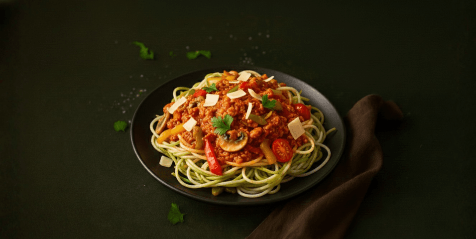 Groentespaghetti met kipgehakt en romige tomatensaus