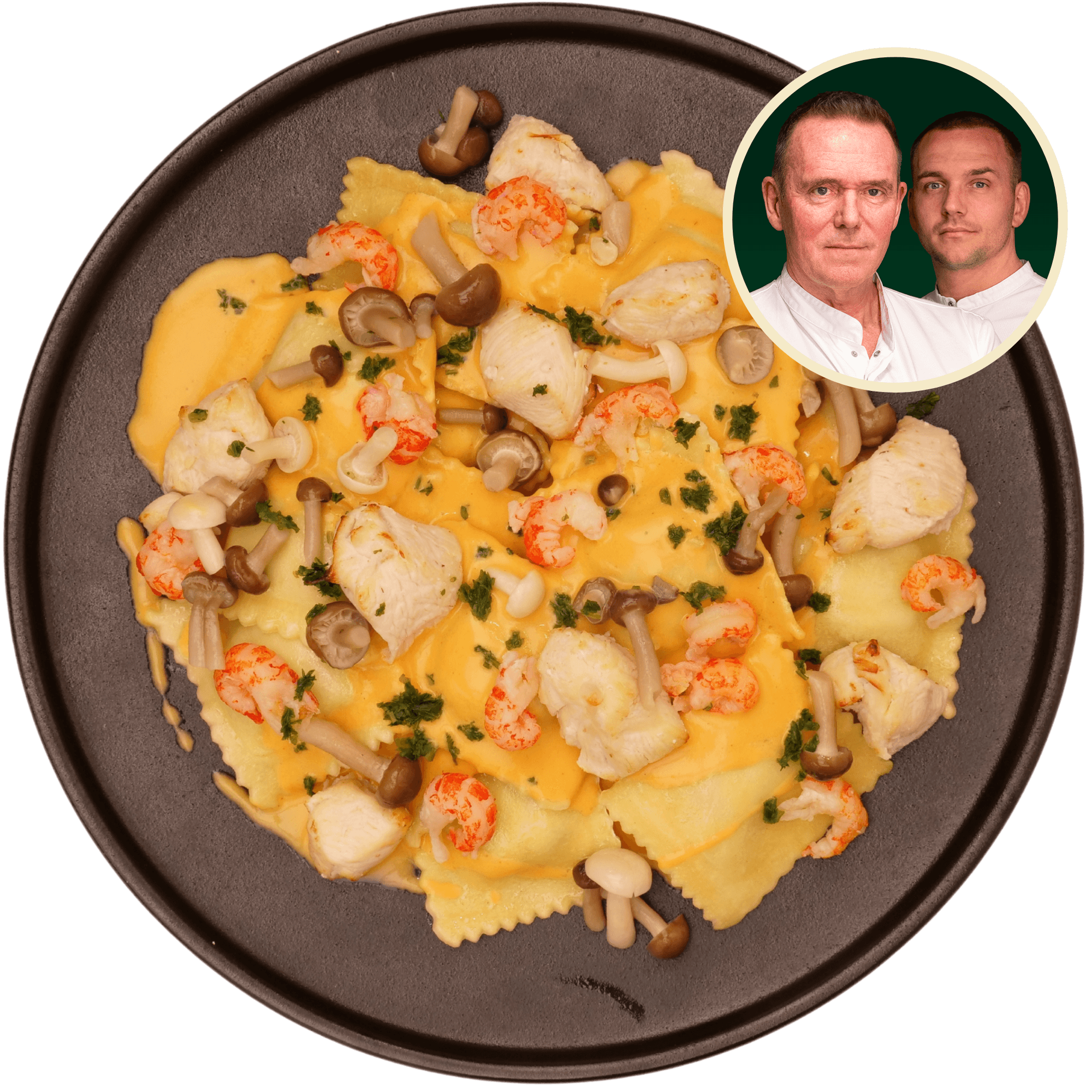 Ravioli in kreeftensaus met kipfilet en rivierkreeftjes