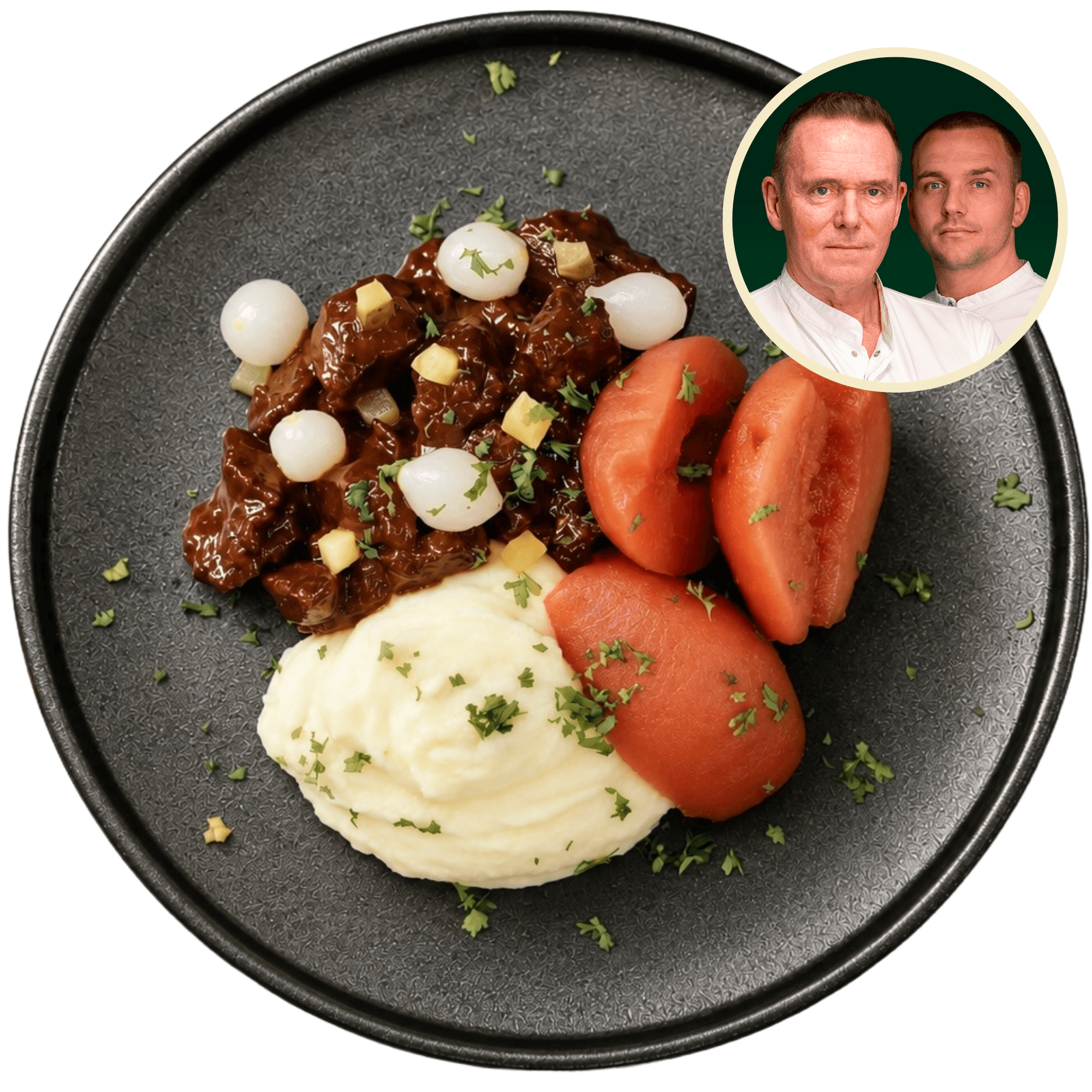 Limburgs zuurvlees met stoofpeertjes en aardappelpuree