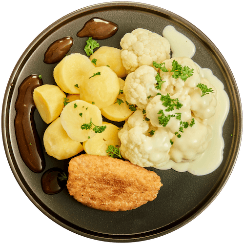 Cordon bleu met bloemkool in kaassaus en aardappelen