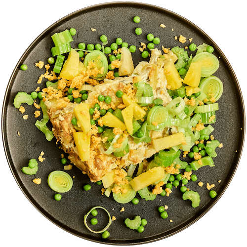Ovenschotel met prei, champignons en ananas