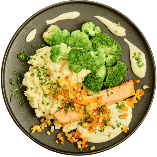Zalm in hollandaisesaus met broccoli en bloemkoolpuree