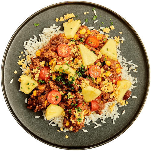 Chili con carne met rundergehakt, rijst en ananas