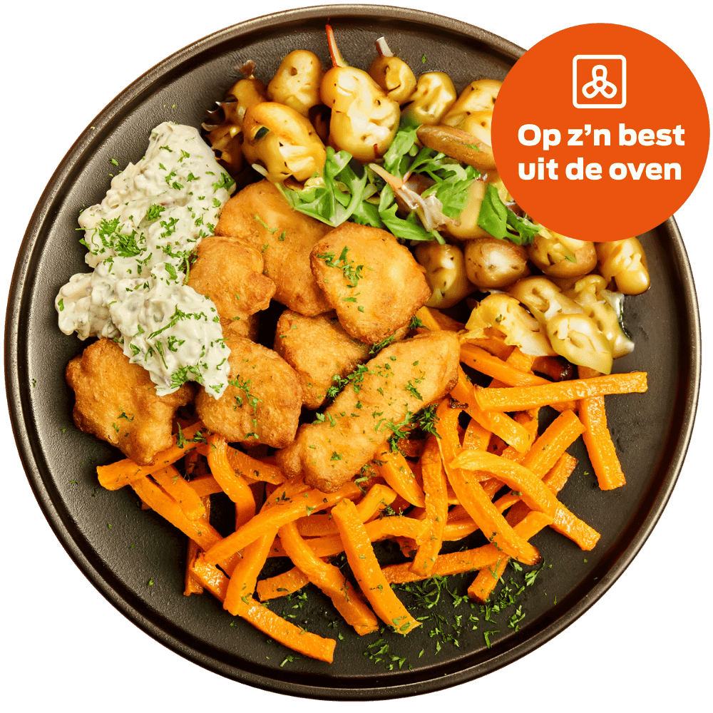 Kibbeling met gegrilde wortels, ravigottesaus en krieltjes