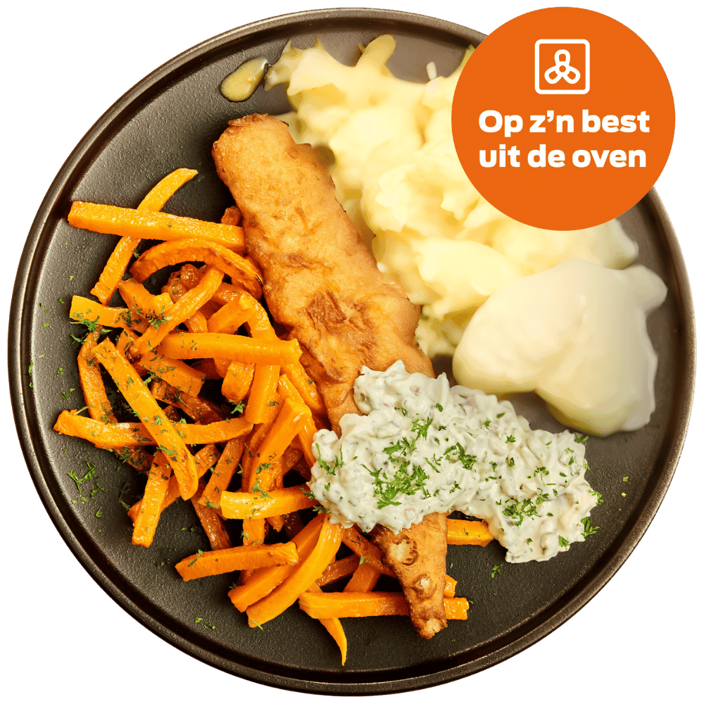 Lekkerbekje met ravigottesaus, zoete aardappelfriet en puree