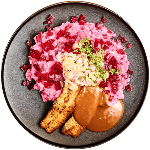 Stamppot bietjes met speklapjes in mosterdjus