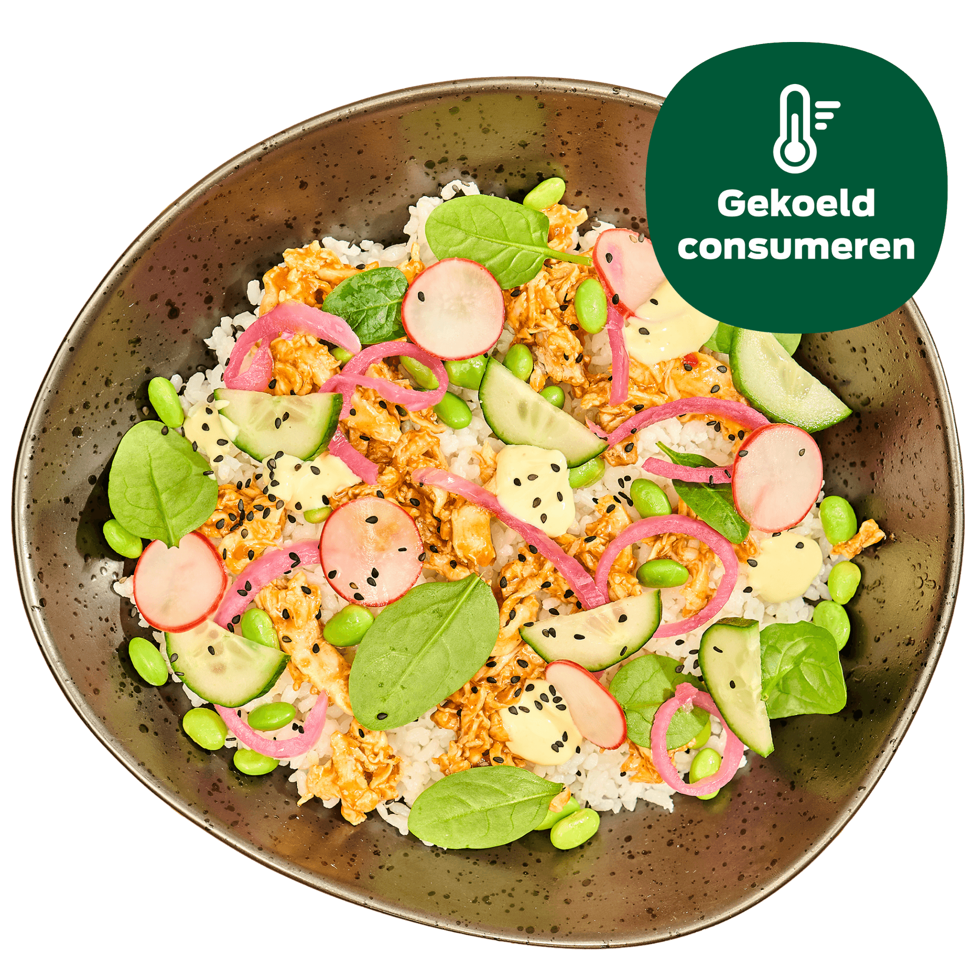 Poké bowl met pulled chicken, groenten en chilimayonaise