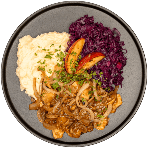 Kip hachee met rodekool en aardappelpuree