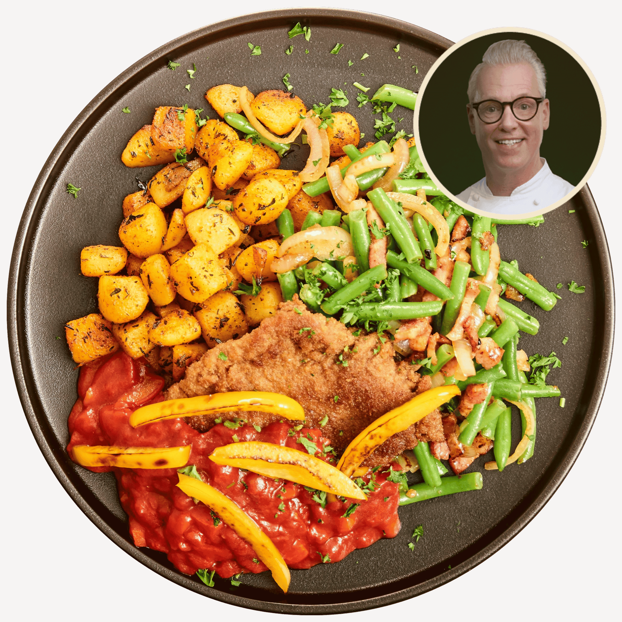 Kipschnitzel stroganoff met sperziebonen en krieltjes