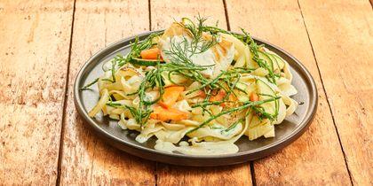 Kabeljauw in dillesaus met tagliatelle en groenten