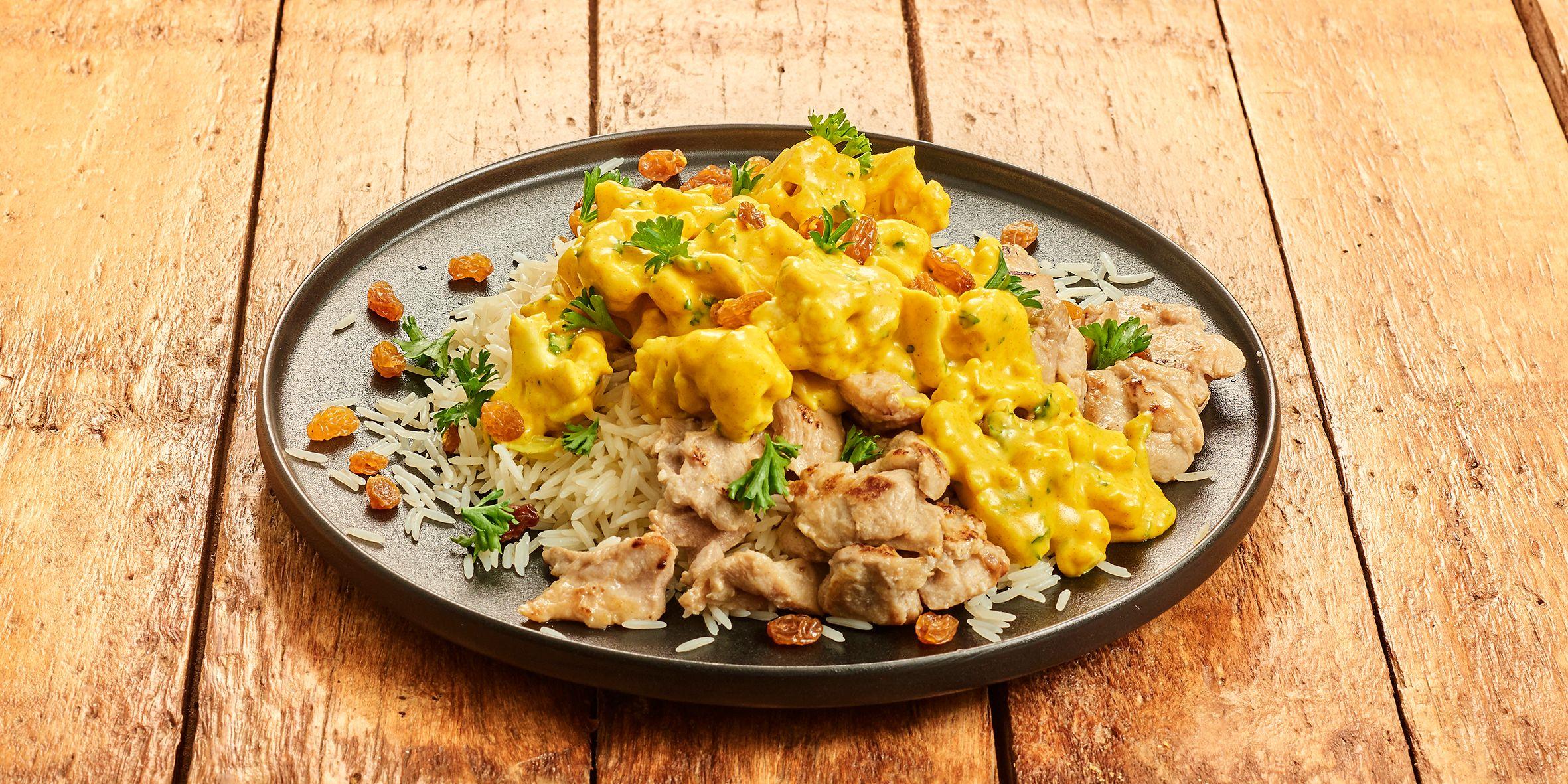 Curry met bloemkool, vegetarische kip en rijst