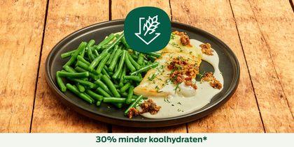 Heek in mascarponesaus met boontjes en puree