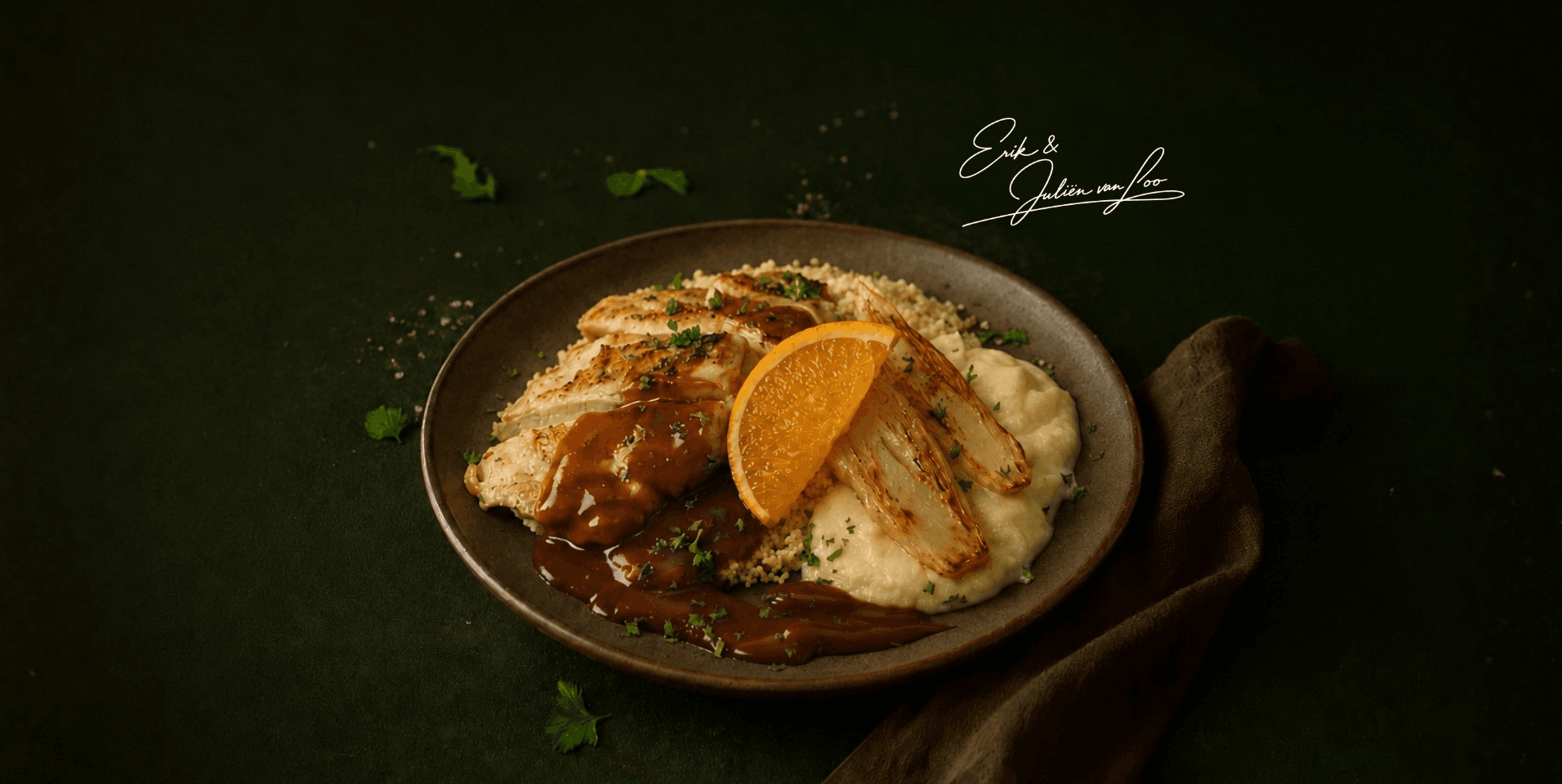 Boerderijhoen met witlof, knolselderijpuree en couscous