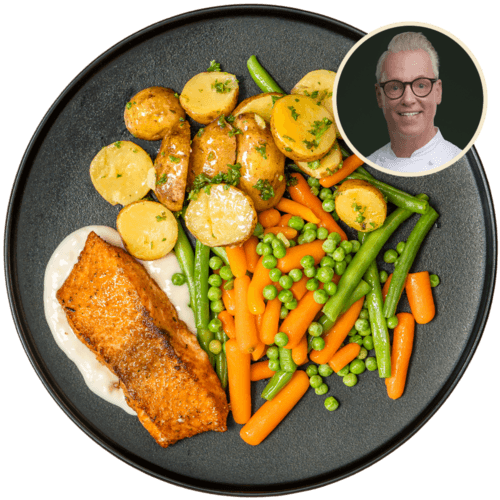 Zalm in champagne-wittewijnsaus met groenten en krieltjes