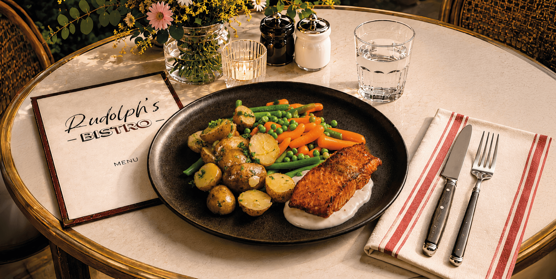 Zalm in champagne-wittewijnsaus met groenten en krieltjes