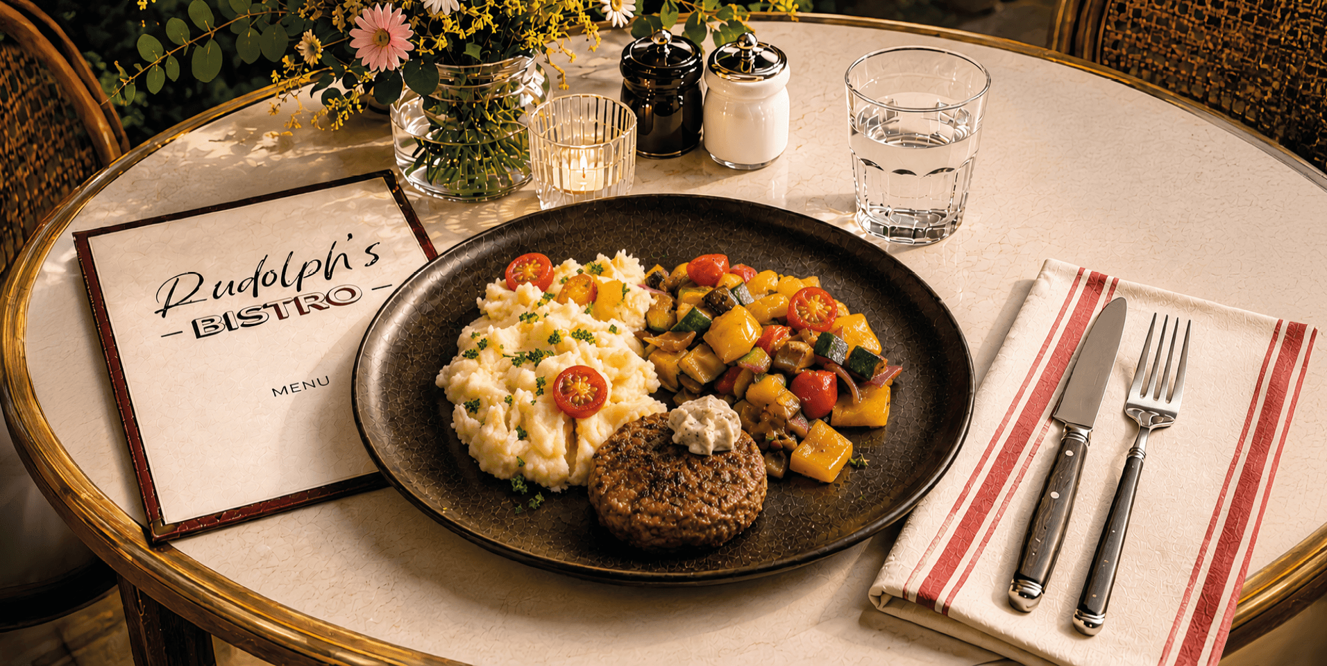 Steak haché met kruidenboter, ratatouille en aardappelpuree