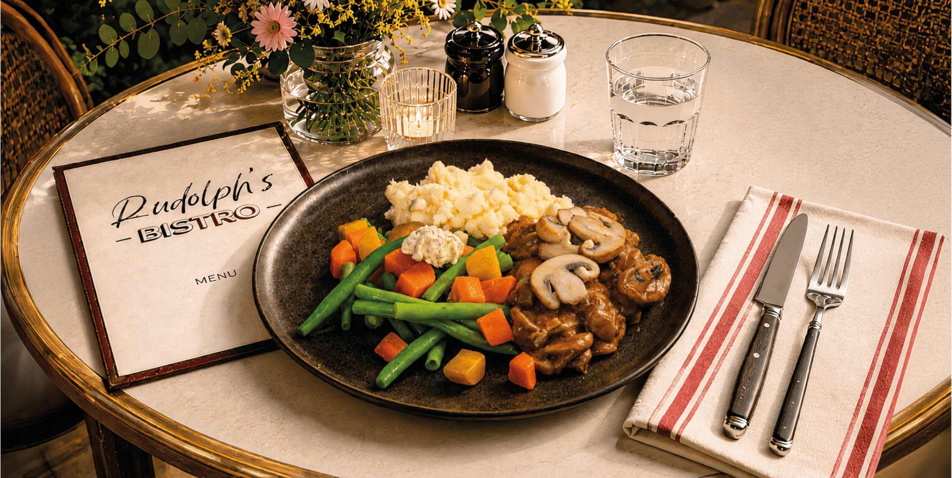 Kip in rode-wijnsaus met sperziebonen, wortels en aardappelpuree
