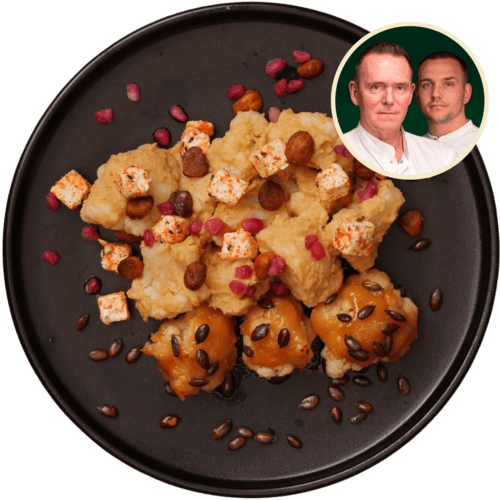 Bloemkoolstoof met miso, feta, granaatappel en noten