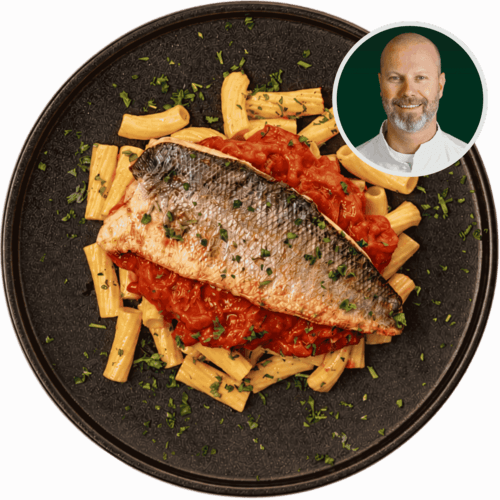 Zeebaars met dillepiperade en rigatoni pasta