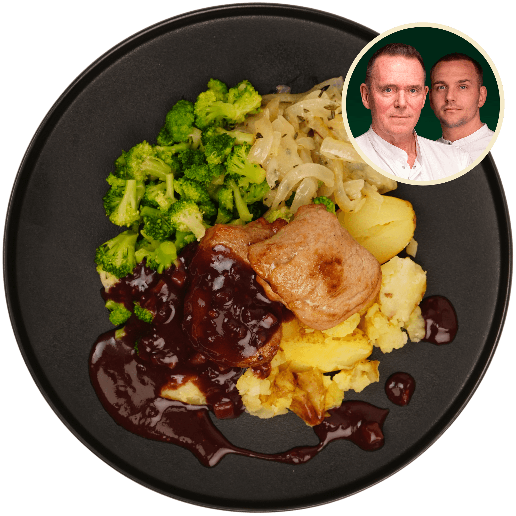 Varkenshaas in rode-wijnsaus met broccoli, uiencompote en krieltjes