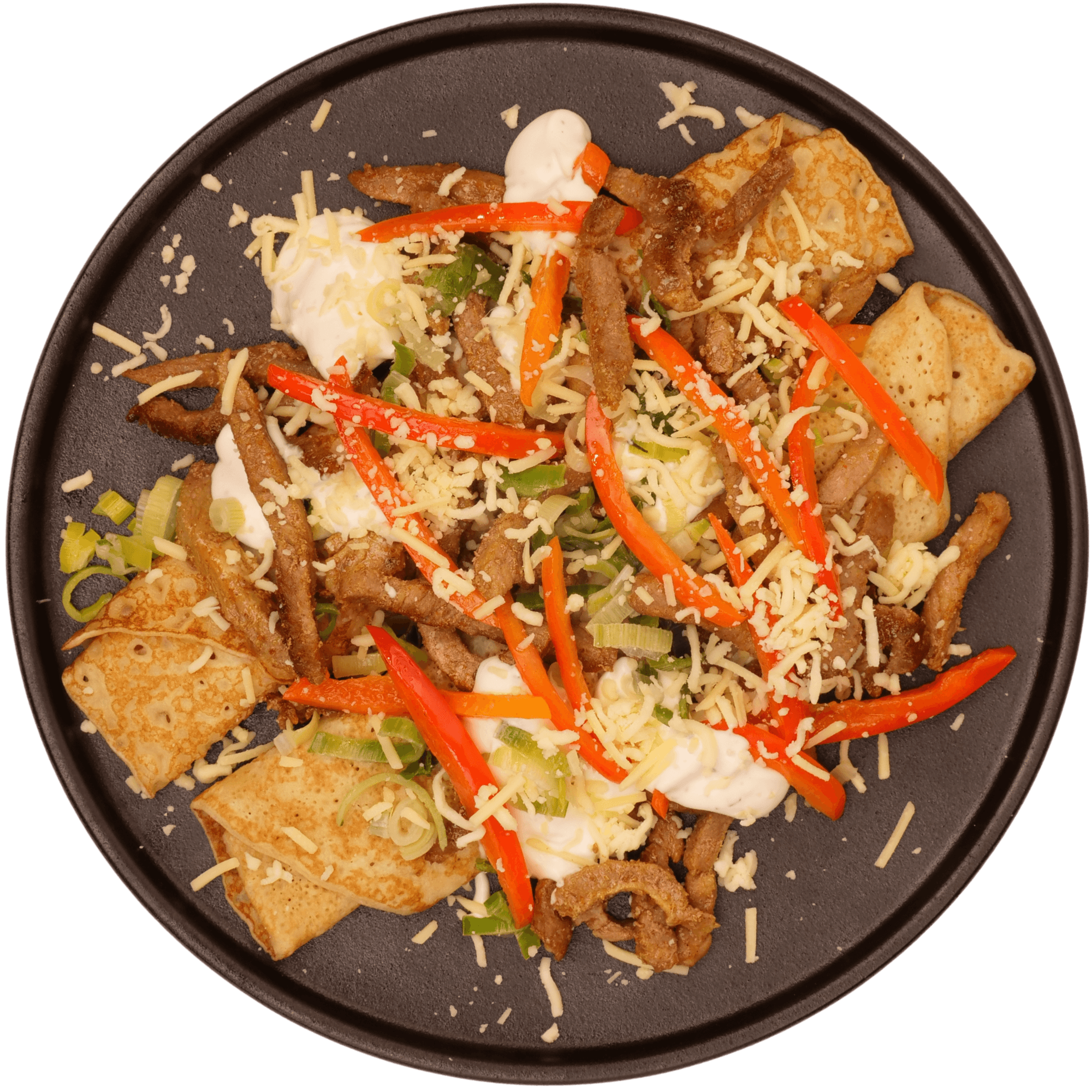 Pannenkoekenschotel met shoarma en knoflooksaus
