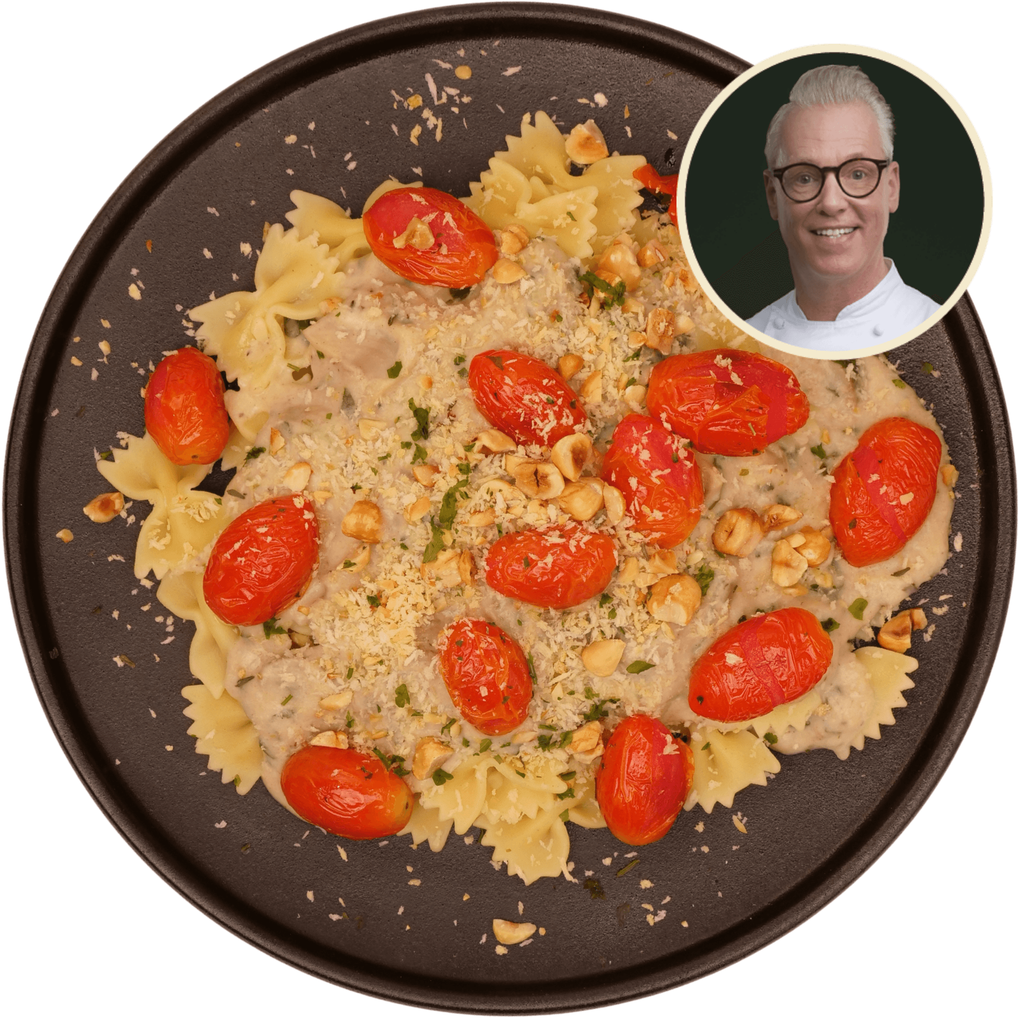 Farfalle pasta met romige truffelsaus, cherrytomaat en hazelnoten