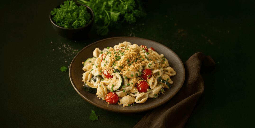 Groentepasta met groene groenten in roomsaus