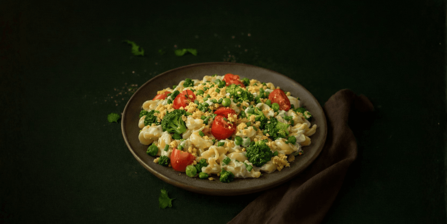Pastaschelpjes met groene groenten in roomsaus