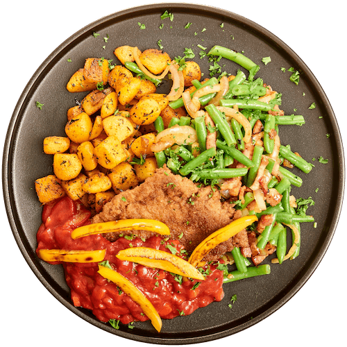 Kipschnitzel stroganoff met sperziebonen en krieltjes