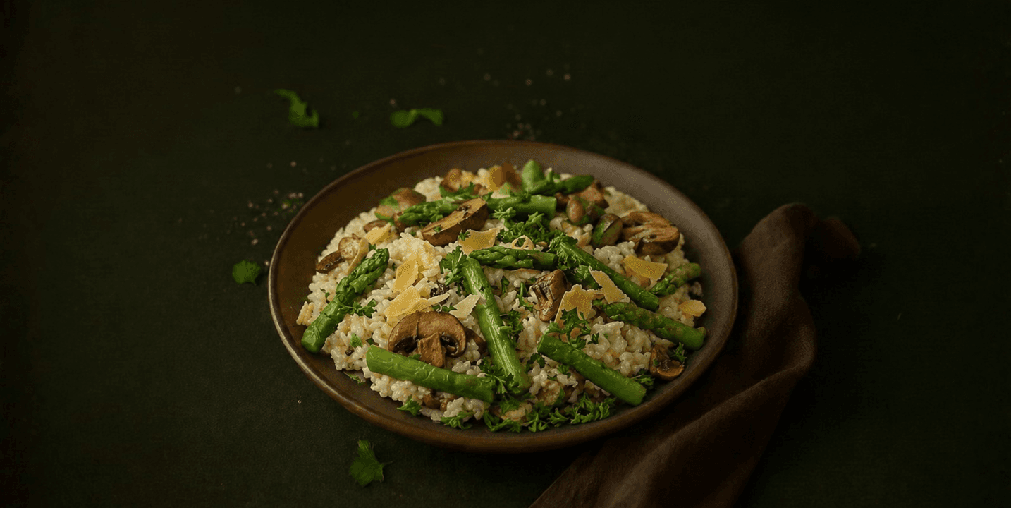 Paddenstoelenrisotto met asperges en kaas