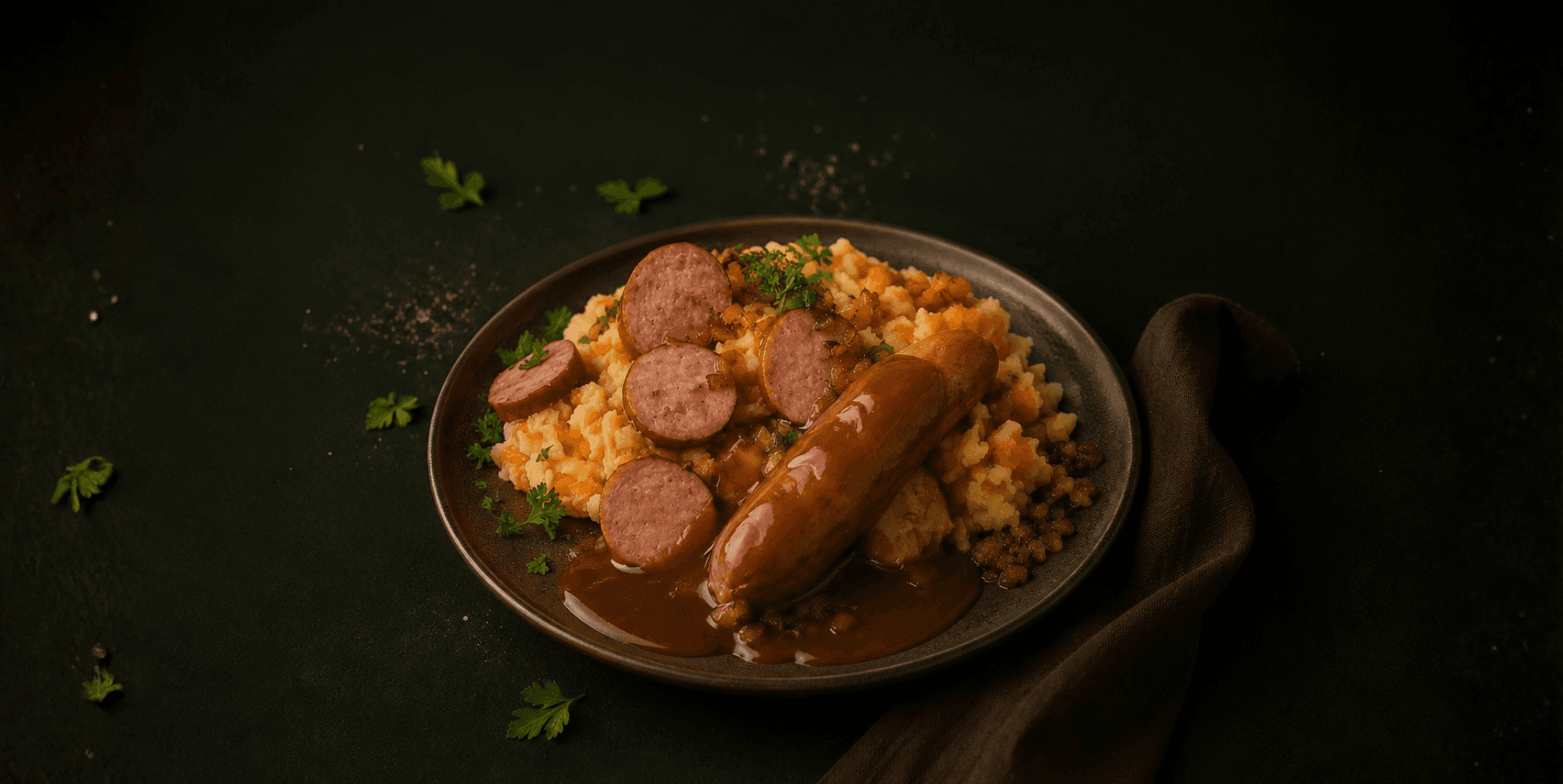 Stamppot hutspot met rookworst in uienjus