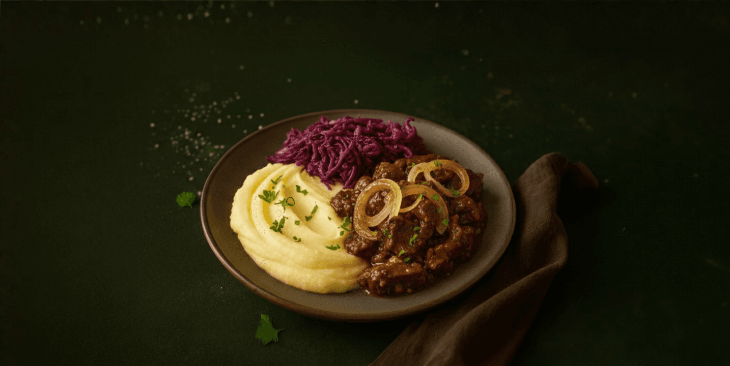 Stoofvlees met rodekool, appeltjes en aardappelpuree
