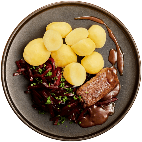 Rundervink in jus met bosbietjes en aardappelen