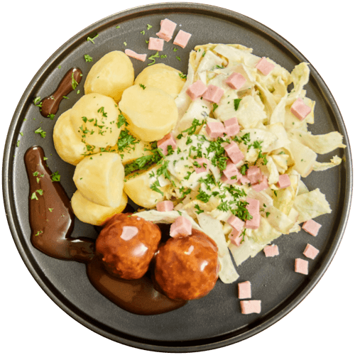 Gehaktballen met witlof in hollandaisesaus en aardappelen