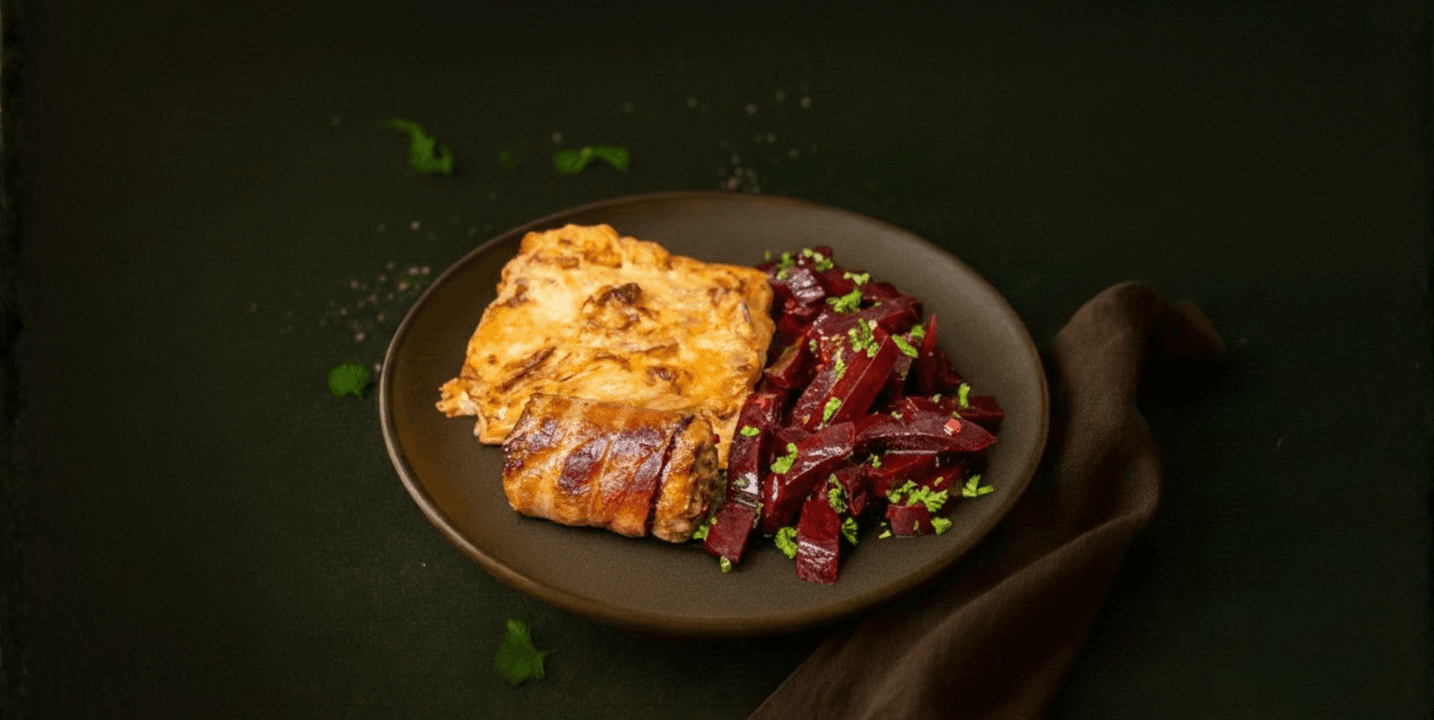 Katenvink met bietjes en romige aardappelgratin