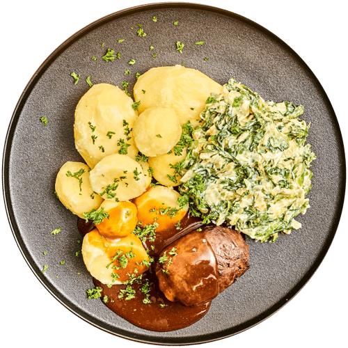 Rundervink met romige andijvie en aardappelen