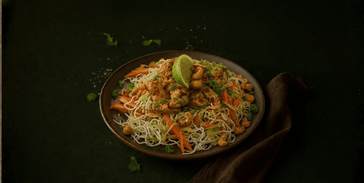 Pad thai met kip, knapperige groenten en noedels