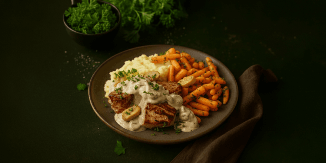 Varkenshaas in champignonsaus, wortels en aardappelpuree
