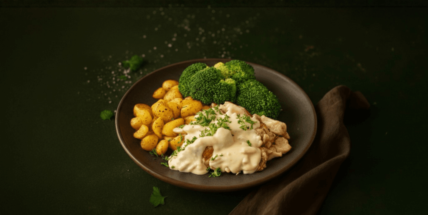 Kipfilet in ham-kaassaus, broccoli en aardappeltjes