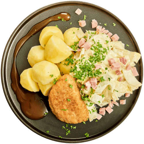Cordon bleu met witlof in hollandaisesaus en aardappelen