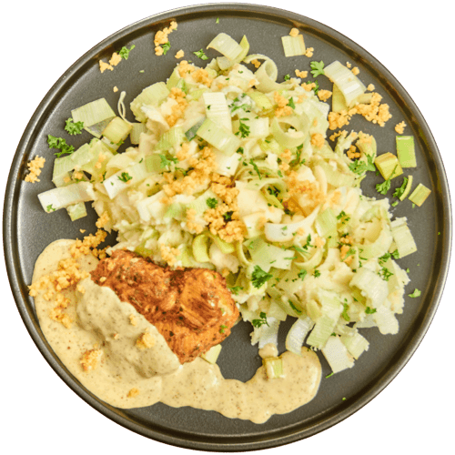 Stamppot van prei met kipfilet in mosterdsaus