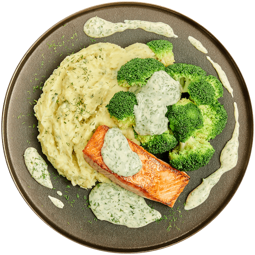 Zalmfilet in dillesaus met broccoli en aardappelpuree