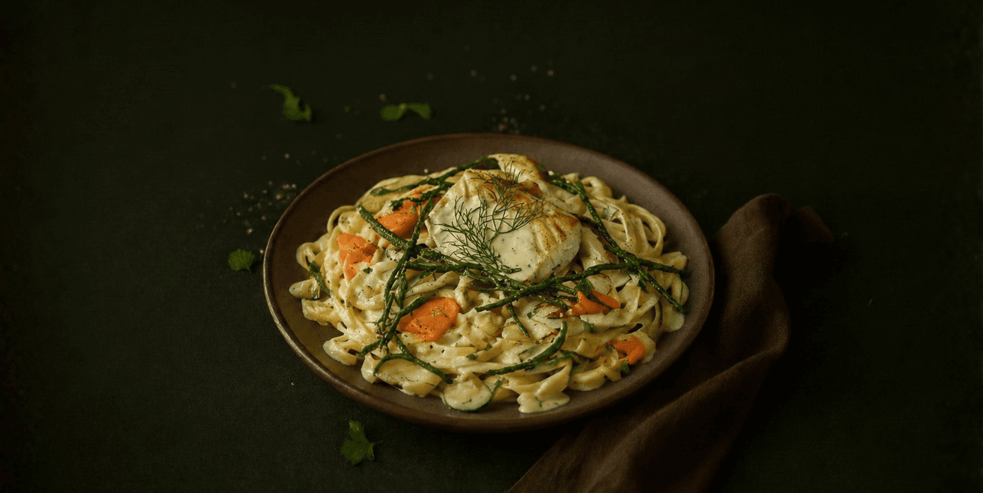 Kabeljauw in dillesaus met tagliatelle en groenten