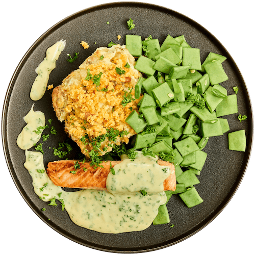 Zalm in bearnaisesaus met bonen en aardappelgratin