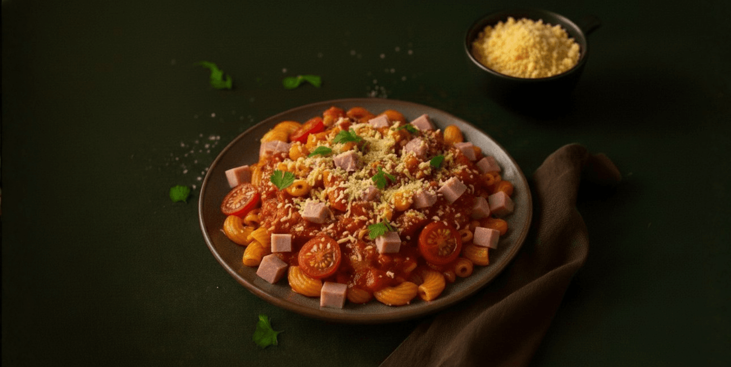Macaroni met bolognesesaus, ham en kaas