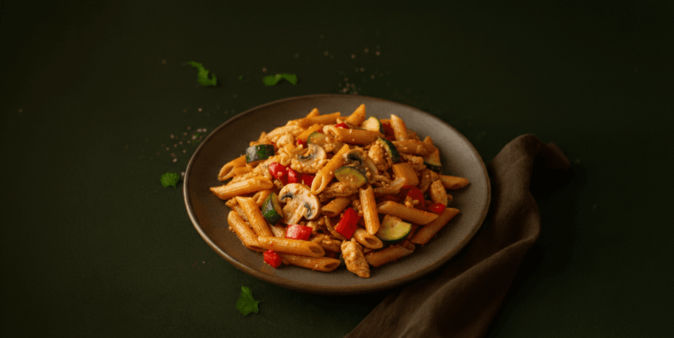 Penne met groenten en kip in stroganoffsaus