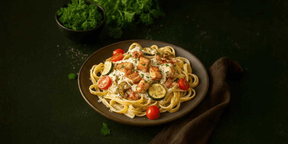 Tagliatelle carbonara met groenten, kip en spek